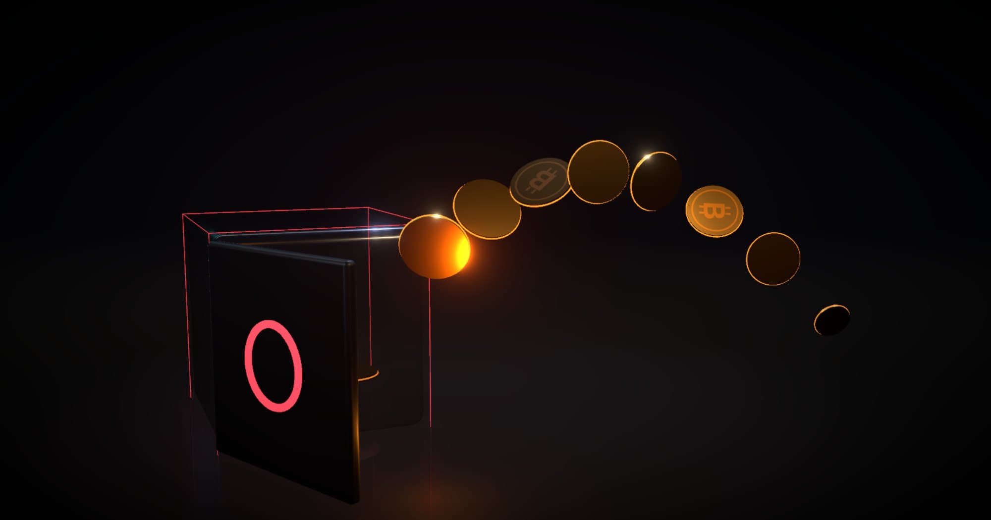 3D render of a glass vault with its door forced open, gold bitcoins spilling out under a red warning glow.
