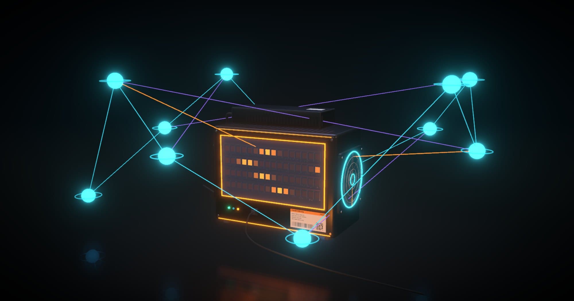3D render of a bitcoin miner inside a web of glowing nodes linked by light.