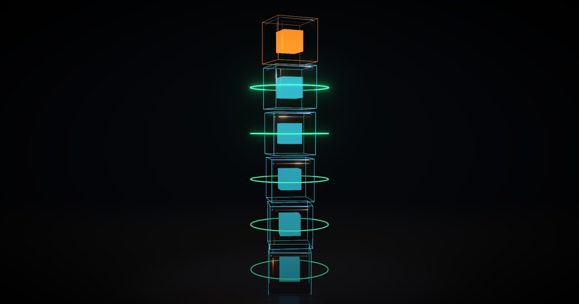 3D render of a tower of glass blocks, the newest glowing orange on top, green rings around the confirmed ones.