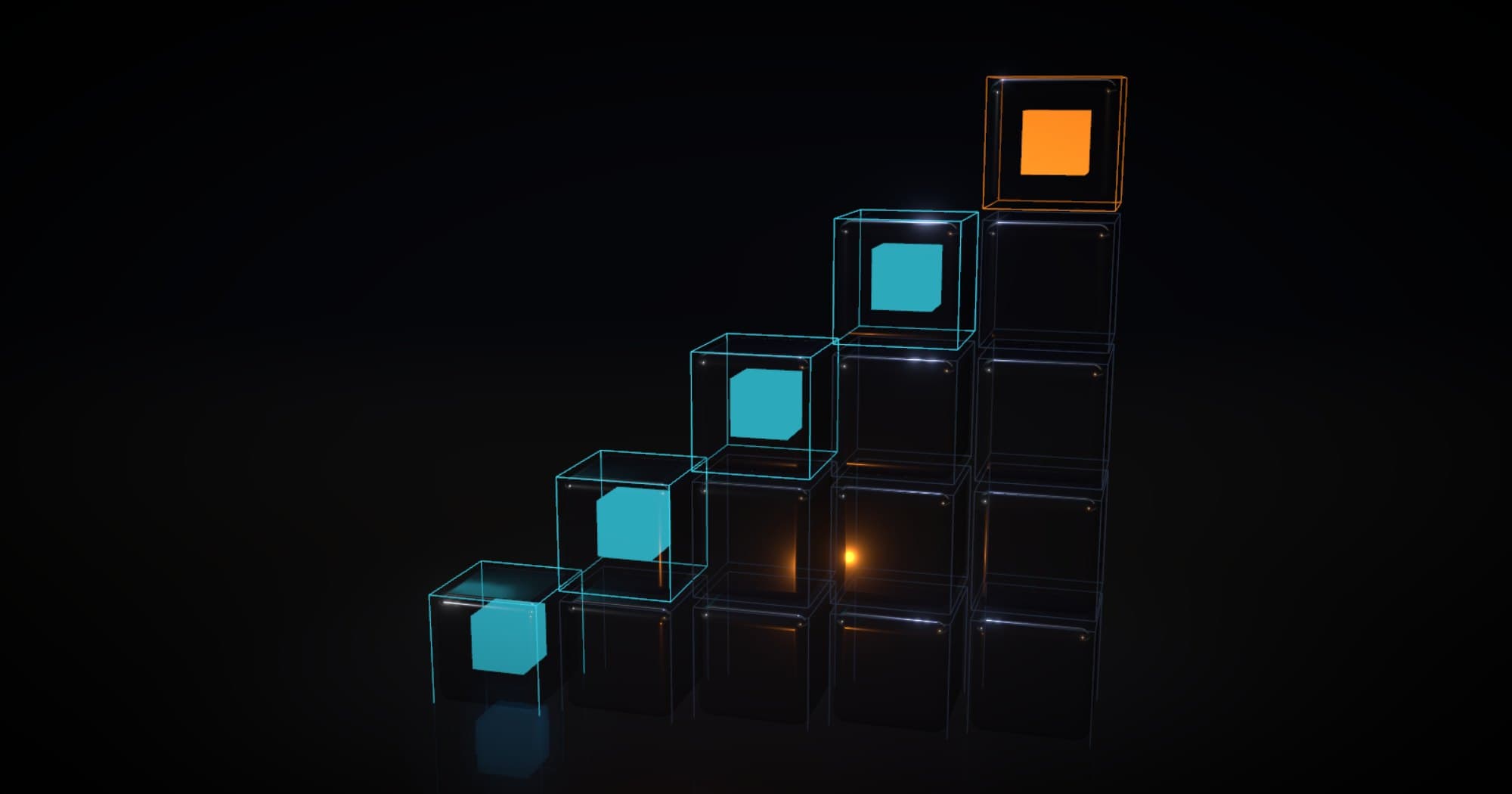 3D render of glass blocks stacked into a rising staircase under a cyan target line.