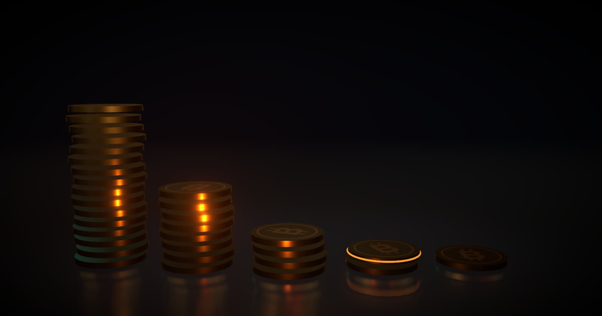 3D render of five stacks of gold bitcoins, each half the height of the one before.