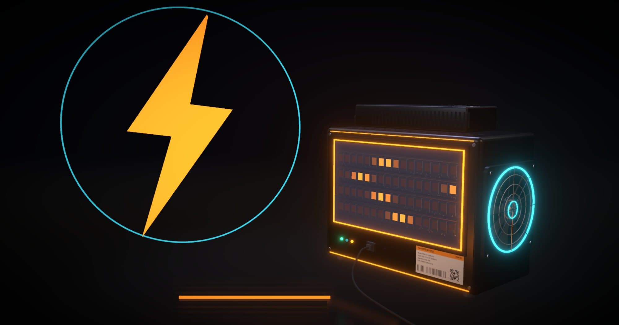 3D render of a glowing orange lightning bolt beside a running bitcoin miner.