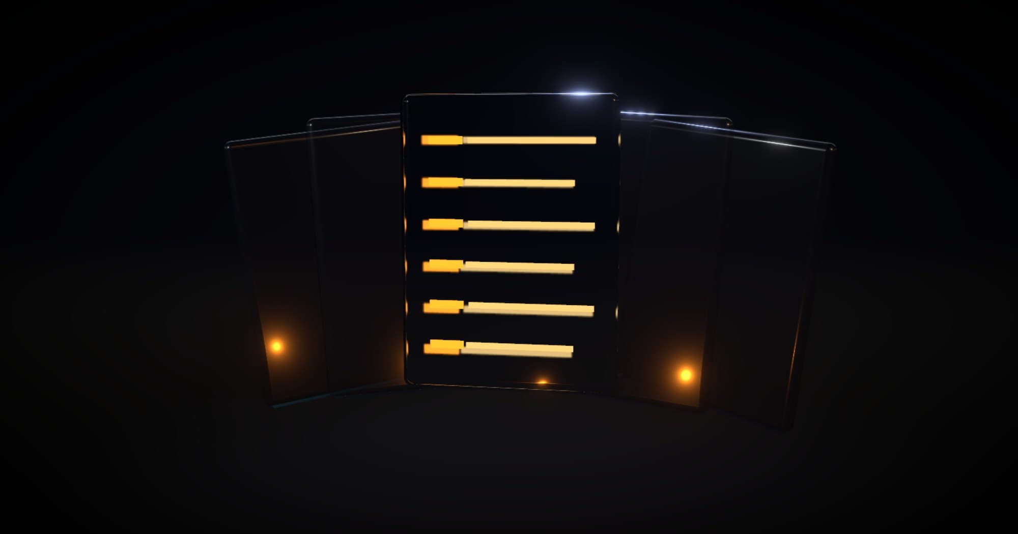 3D render of fanned glass cards, the front one lined with glowing entries.