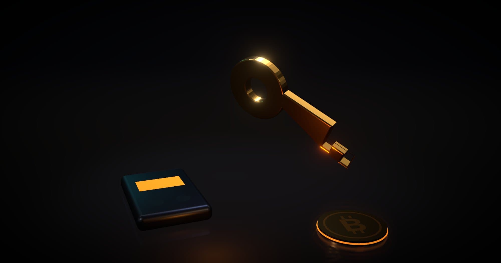 3D render of a hardware wallet, a gold key and a bitcoin on a dark reflective floor.