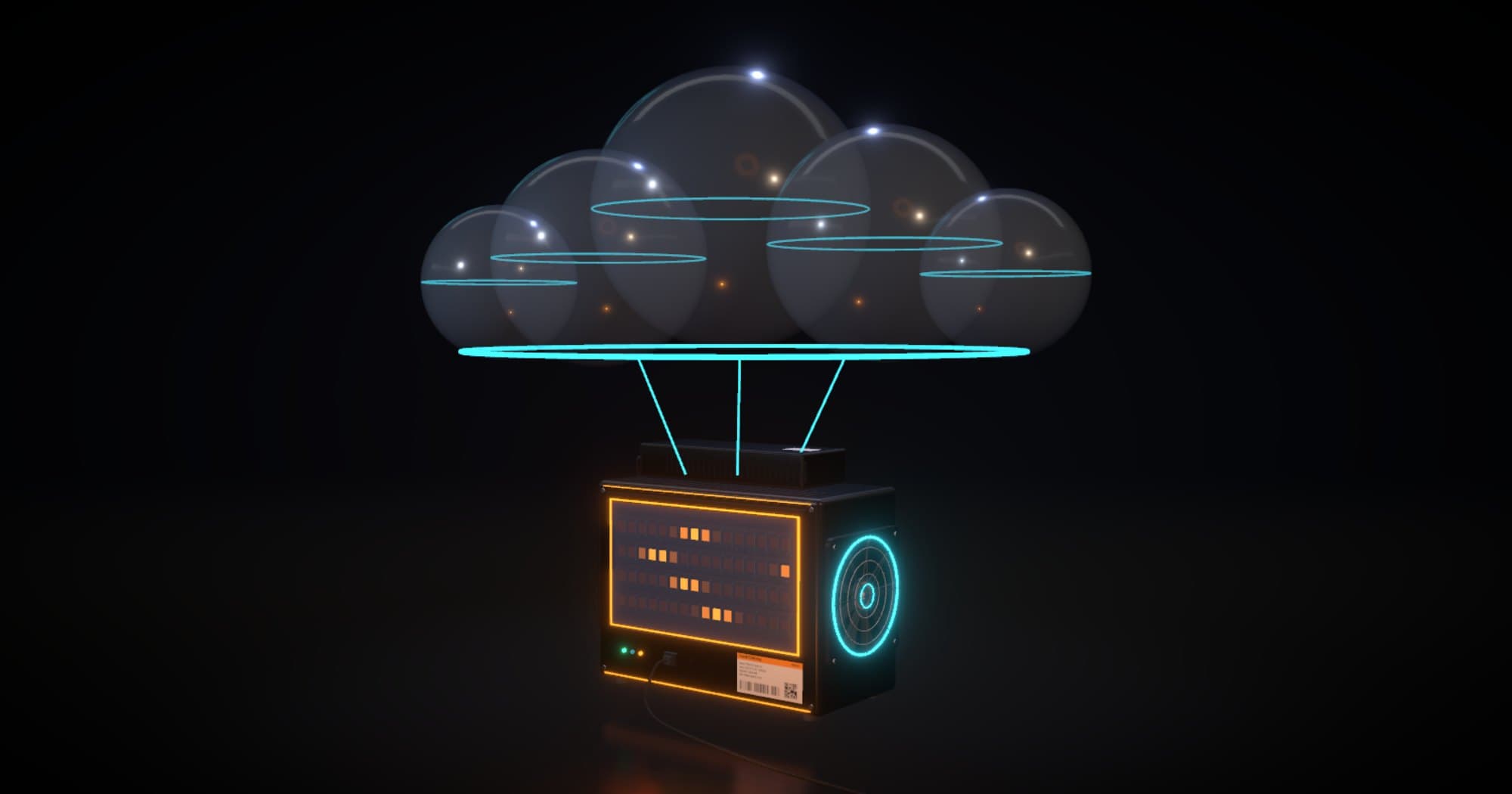 3D render of a bitcoin miner hanging beneath a glass cloud ringed with cyan light.