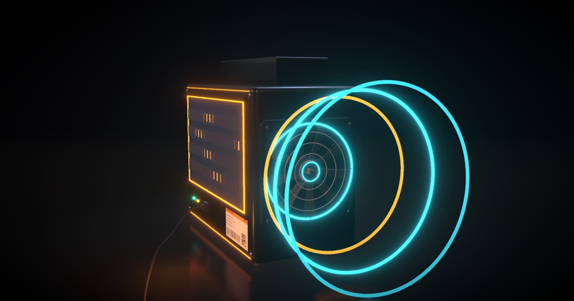 3D render of a bitcoin miner, its fan running flat out inside glowing speed rings.