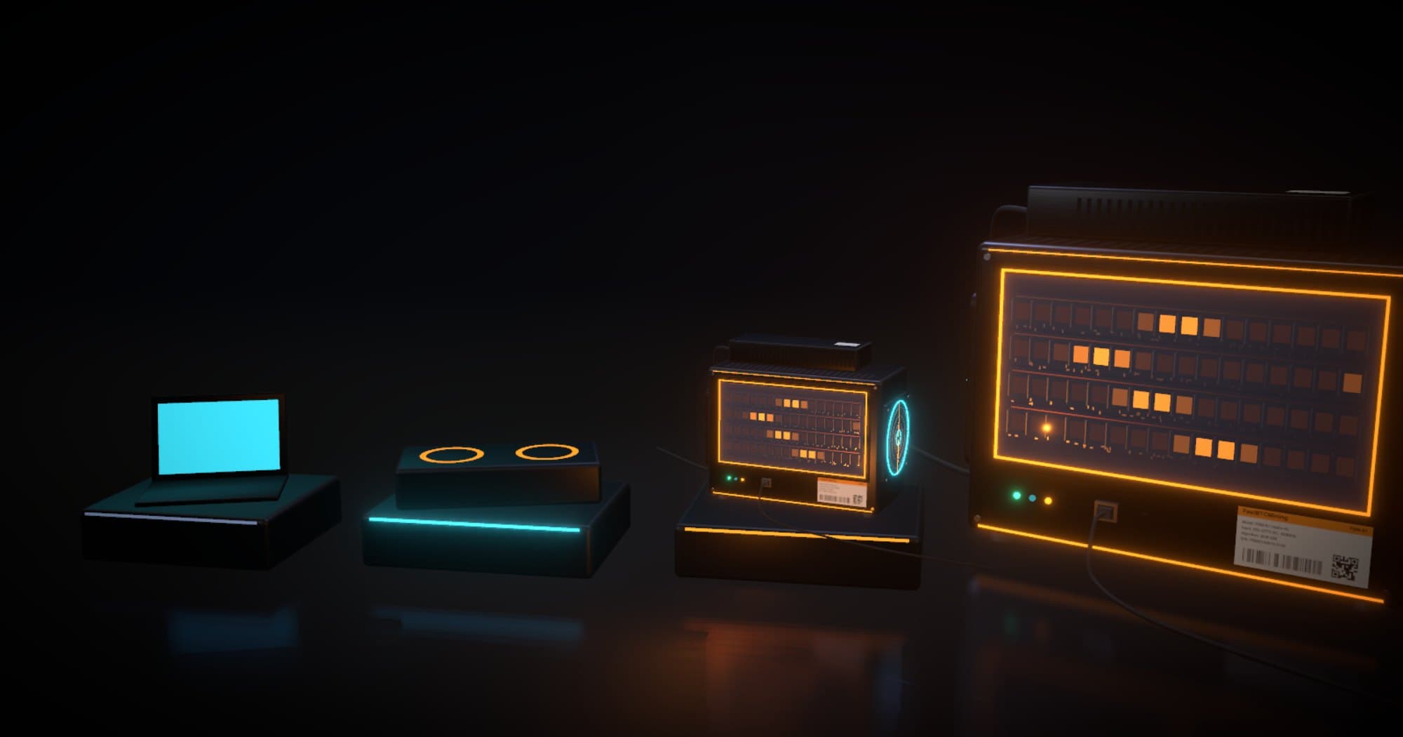 3D render of mining hardware through the years: a laptop, a graphics card, a small miner and a modern ASIC.