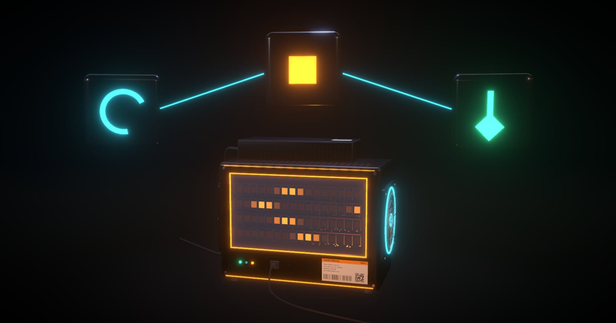 3D render of a miner below three glass tiles: a dial, a glowing chip and a withdrawal arrow.