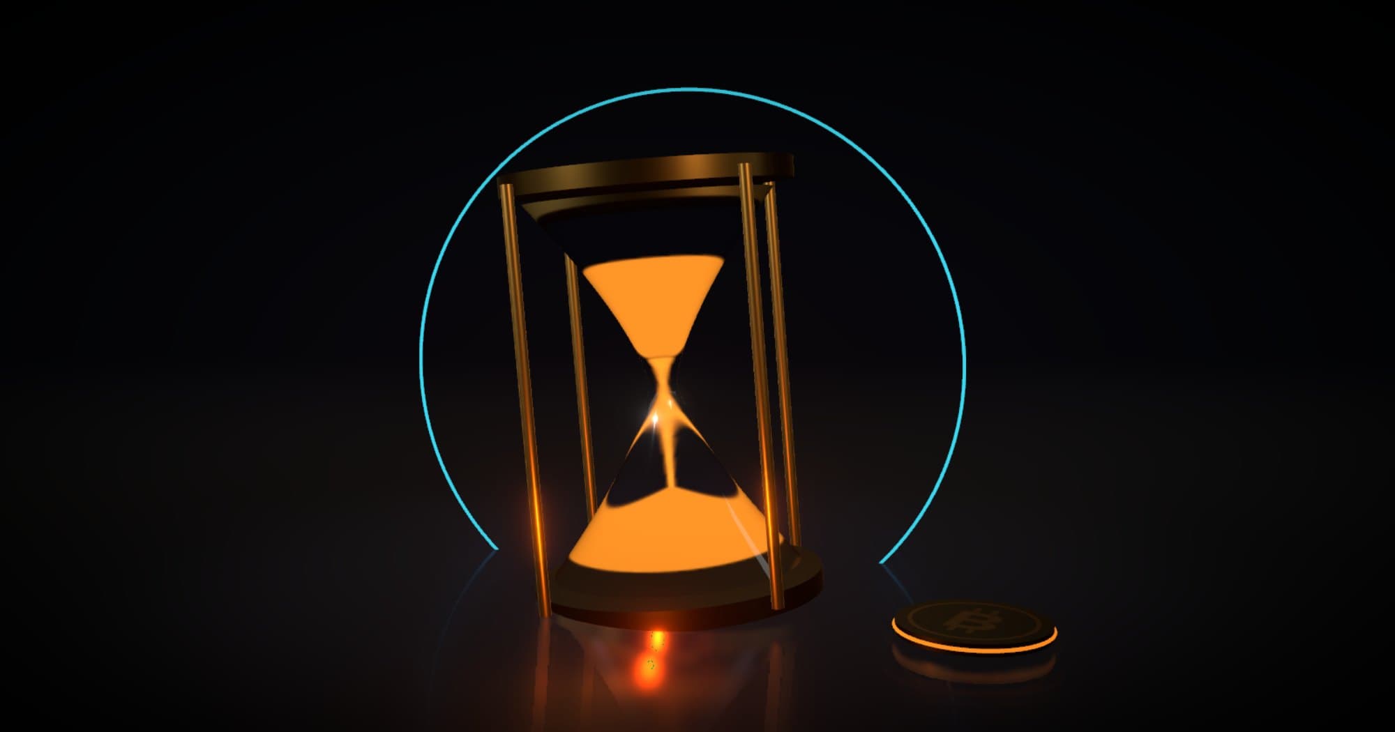3D render of a gold hourglass with glowing orange sand inside a cyan ring, a bitcoin at its foot.