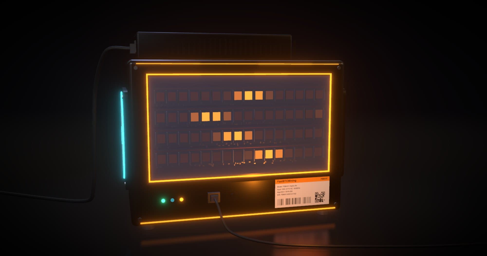3D close-up of a bitcoin miner's front panel, its hash board chips glowing orange.
