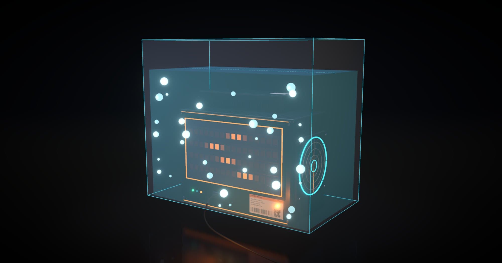3D render of a bitcoin miner submerged in a glass tank of glowing blue liquid with rising bubbles.