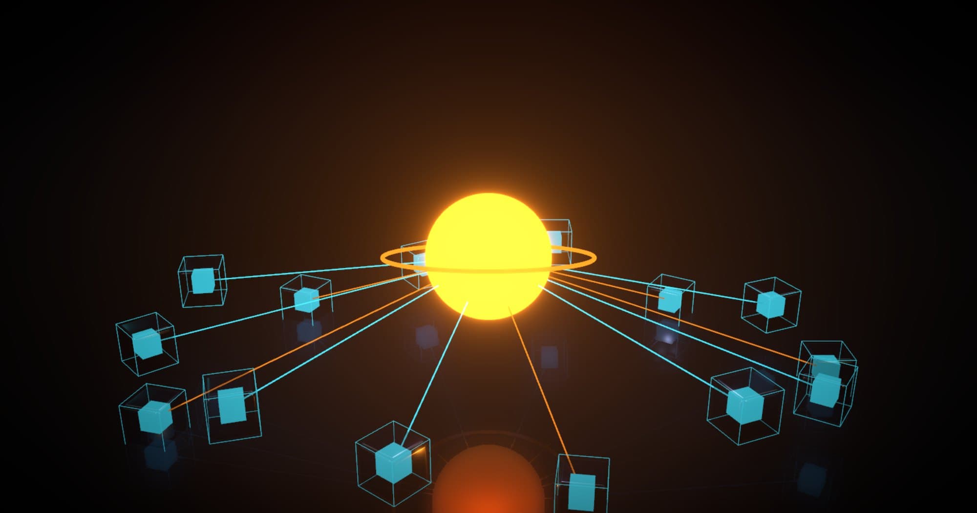 3D render of small glowing blocks around a bright orange core, all linked to it by beams of light.