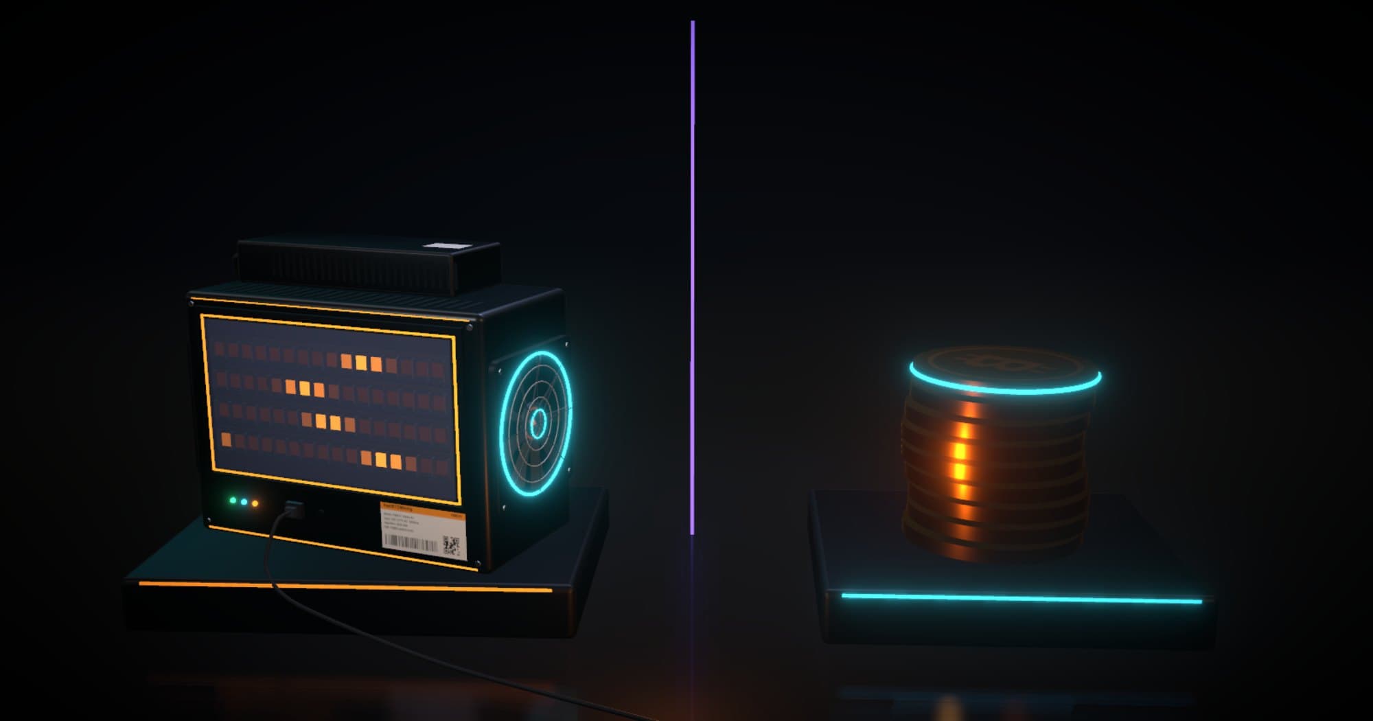 3D render of a bitcoin miner on one pedestal facing a stack of coins on another.