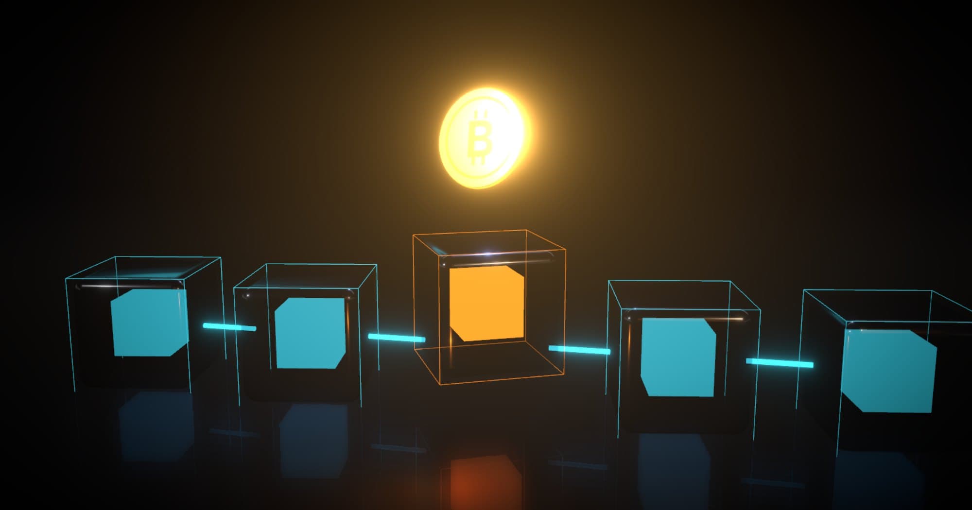 3D render of a chain of glass blocks linked by light, the middle block glowing orange under a gold bitcoin.